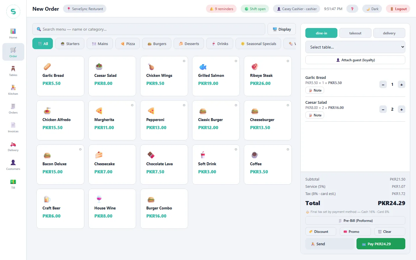 ServeSync POS — New Order: Modifiers, add-ons, discounts and split tax